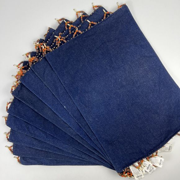 Pier 1 Placemats Set Of 9 Denim Beaded Fringe Country Boho Western Flaws - Picture 1 of 13